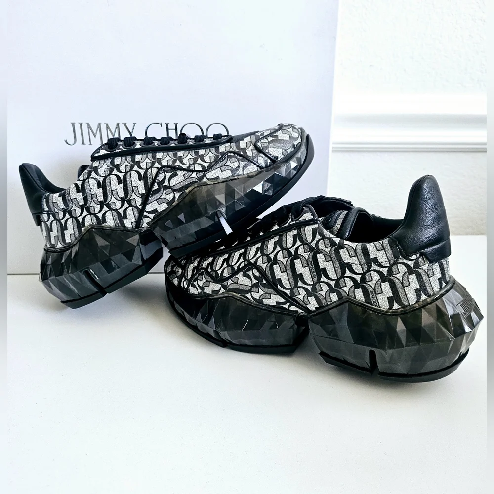 New With Tags Jimmy Choo Black Silver Diamond Calfskin Leather Sneakers